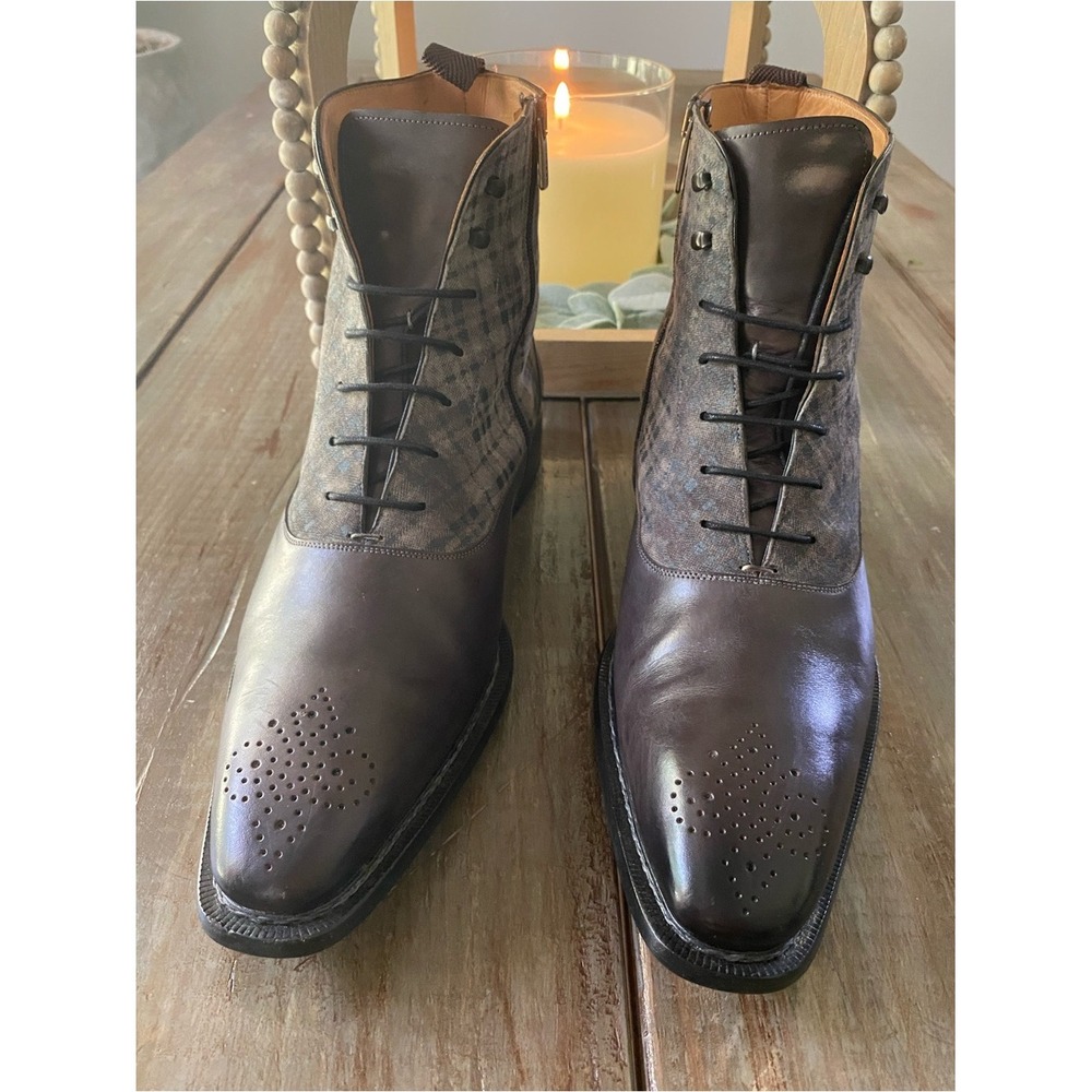 Mezlan Grimaldi Custom Leather Plaid Side Zip Lace Up Boots Shoe Mens 11 M Brown - Picture 6 of 14